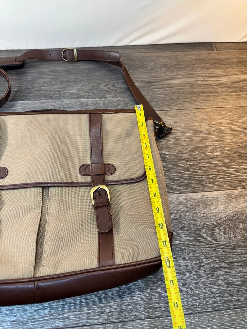 Eddie Bauer Tan Canvas Messenger Bag with Brown Leather Trim